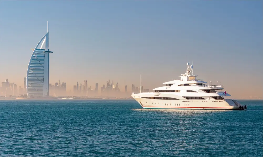 Luxury yachts lined up in Dubai Marina ready for charter