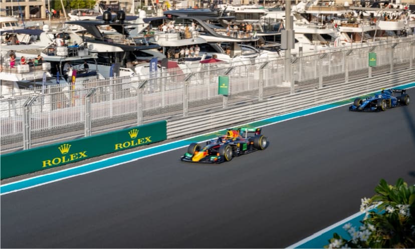 Formula 1 race car speeding on the Yas Marina Circuit during the Abu Dhabi Grand Prix
