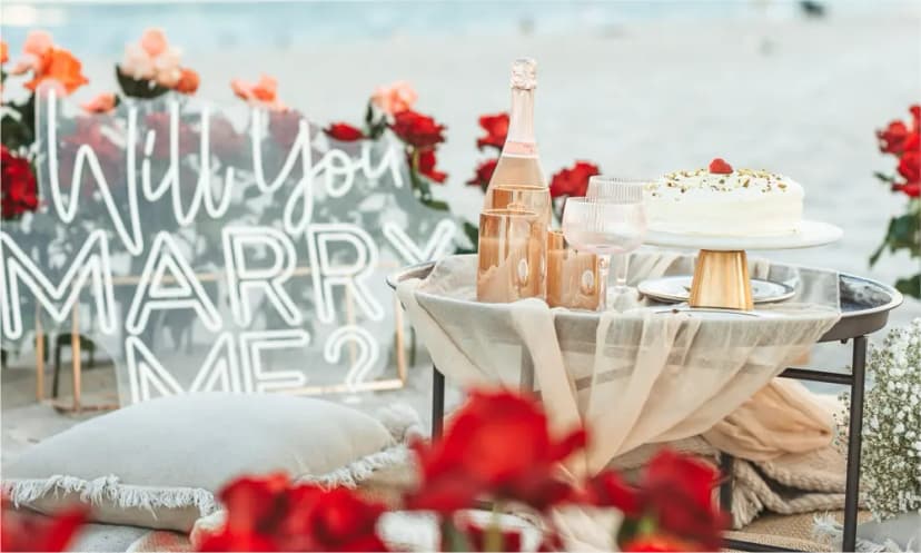 Marry Me sign with roses and candles on luxury yacht in Dubai