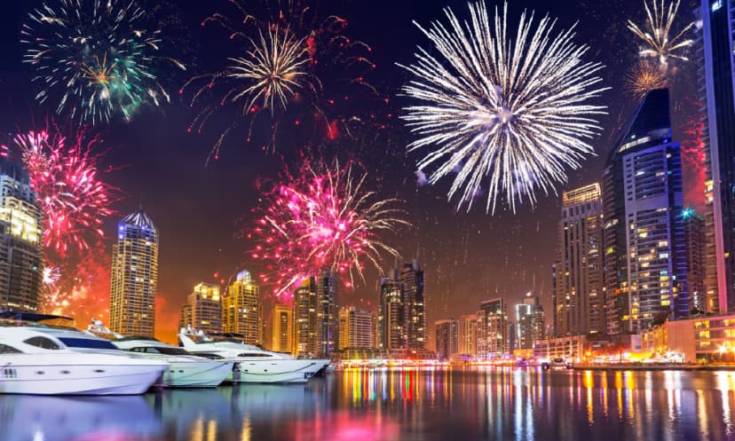 Fireworks over Dubai Marina from a yacht