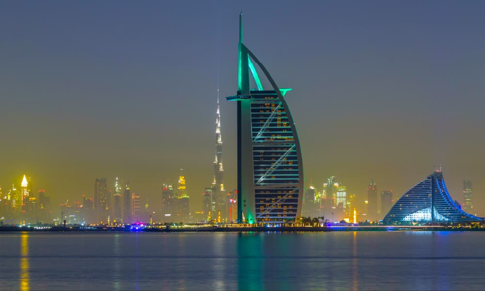 Luxury yacht cruising near Atlantis and Burj Al Arab in Dubai